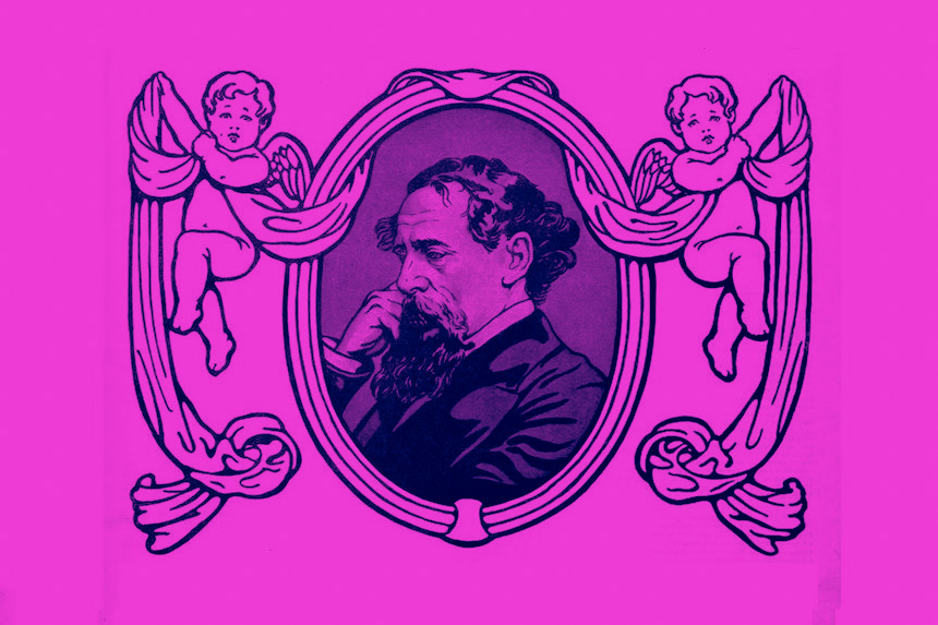 Illustration of British novelist Charles Dickens in a frame held up by cherubs.