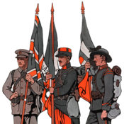 Three World War I soldiers from different countries, holding their flags