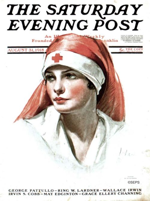 A woman nurse wearing a Red Cross hat