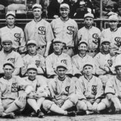 Group shot of the 1919 White Sox. They would after this year be known as the "Black Sox Scandal" team, due to the allegation that eight members of the team accepted bribes to lose the 1919 World Series to the Cincinnati Reds. These eight players, pitchers Eddie Cicotte and Claude "Lefty" Williams, first baseman Charles "Chick" Gandil, shortstop Charles "Swede"Risberg, third baseman George "Buck" Weaver, outfielders Joe "Shoeless Joe" Jackson and Oscar "Happy" Felsch, and pinch hitter Fred McMullin, were banned from the game of baseball for life.