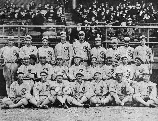 Group shot of the 1919 White Sox. They would after this year be known as the "Black Sox Scandal" team, due to the allegation that eight members of the team accepted bribes to lose the 1919 World Series to the Cincinnati Reds. These eight players, pitchers Eddie Cicotte and Claude "Lefty" Williams, first baseman Charles "Chick" Gandil, shortstop Charles "Swede"Risberg, third baseman George "Buck" Weaver, outfielders Joe "Shoeless Joe" Jackson and Oscar "Happy" Felsch, and pinch hitter Fred McMullin, were banned from the game of baseball for life. 