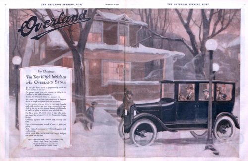 An advertisement for an Overland Sedan, depicting a snowy scene.