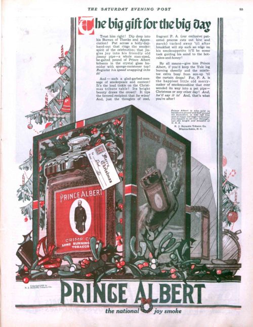 A magazine advertisement for Prince Albert tobacco, showing the product wrapped as a present