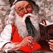 Santa writing in a book, quill in hand