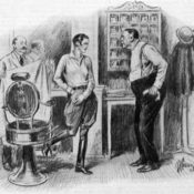 A woman wearing jockey clothes gets her hair cut