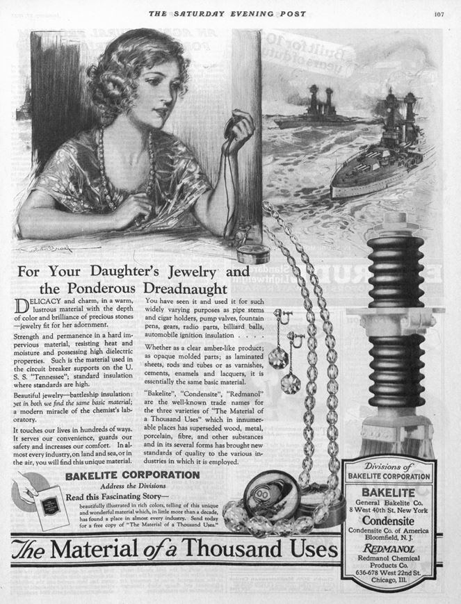 1923 magazine ad from the Bakelite Corporation, touting the miracles of plastics from women's jewelry to naval warships.