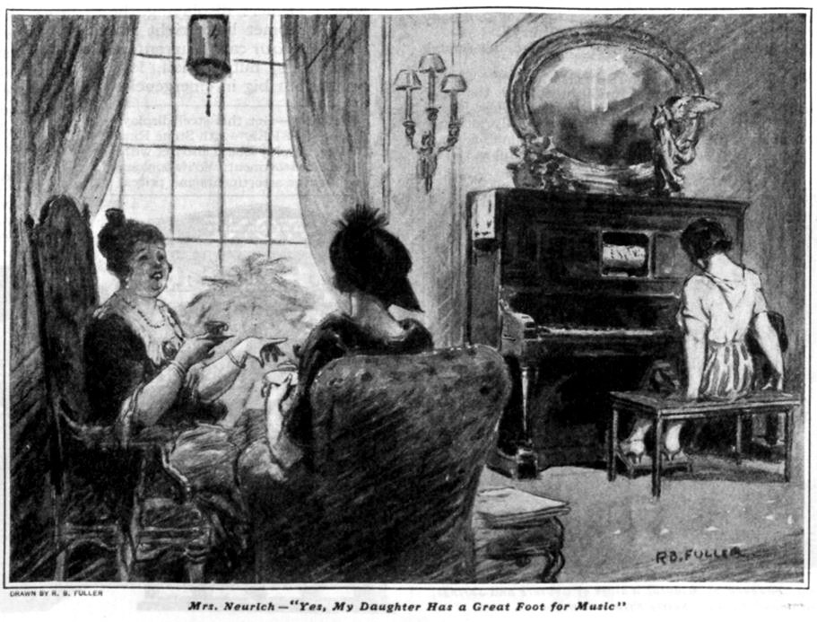 Illustration of a young woman playing a piano while two older women watch.