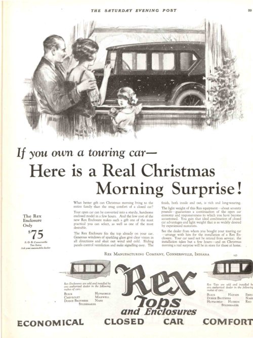 A magazine advertisement for car top enclosures, featuring a happy family viewing their car from their window.