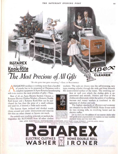Magazine advertisement depicting a family playing with electric appliances on Christmas morning.