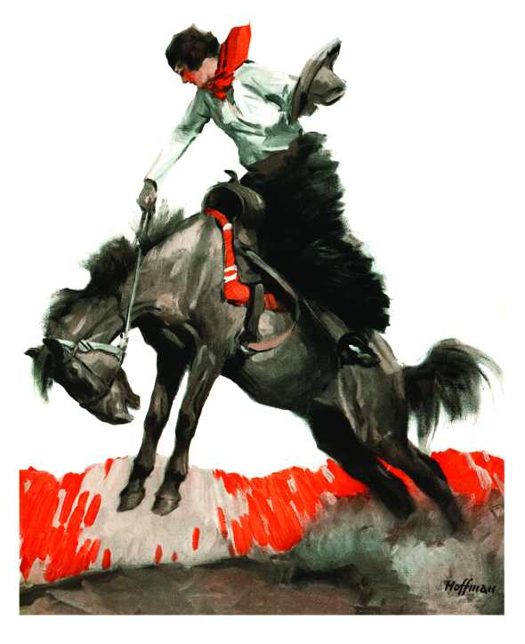 Cowgirl riding an agitated bronco