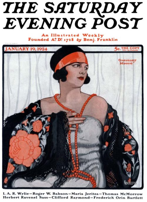 A flapper wearing a shawl and some red beads