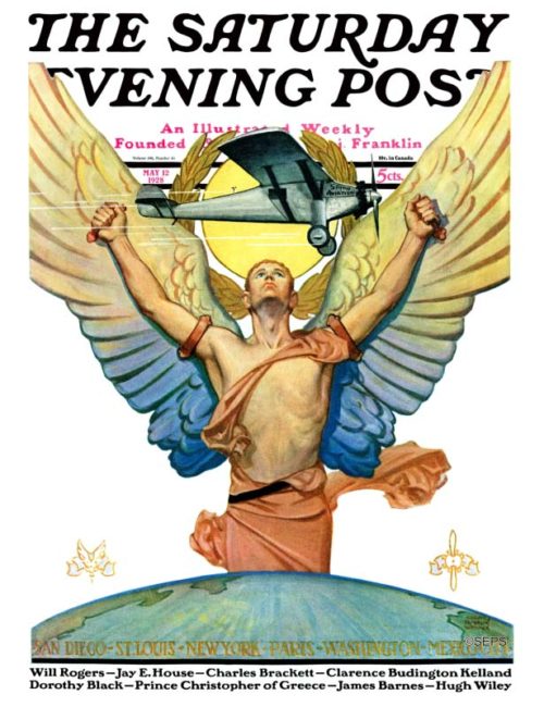 Male angel with wings and arms stretched out, in celebration of an aircraft in flight