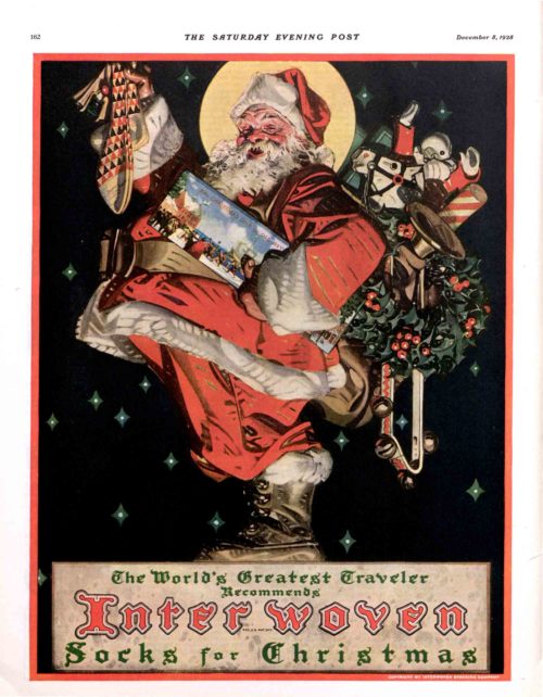 Advertisement for socks depicting Santa Claus delivering presents.