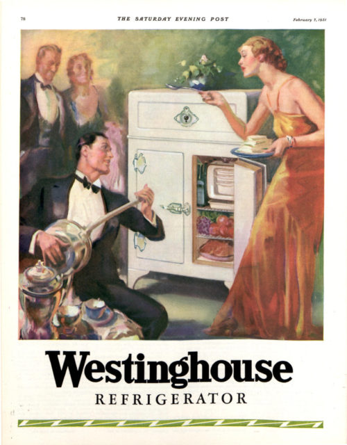 Westinghouse ad for a refrigerator. It depicts a high class society party where guests chat and play music around a Westinghouse fridge.