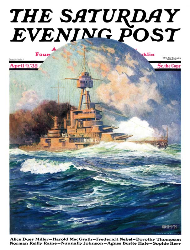 A cover illustration Anton Otto Fischer made for The Saturday Evening Post. It depicts an early 20th century battleship at sea.