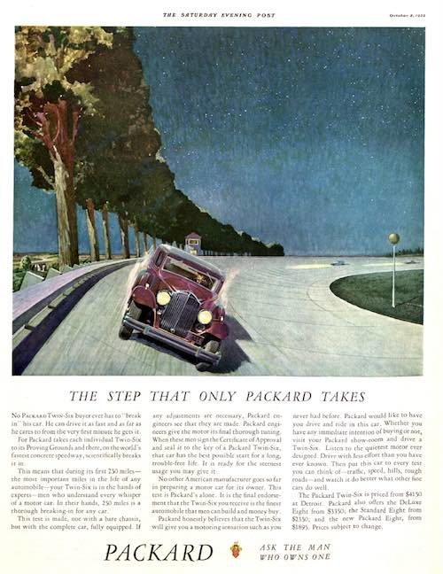 An ad for the Packard Twin-Six, a car from 1932. The automobile is on a road lined with trees.