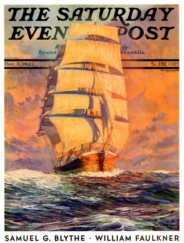 A cover Anton Otto Fischer made for The Saturday Evening Post, featuring a barque sailing ship at dusk.