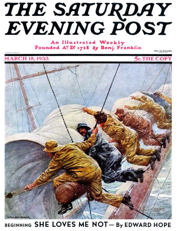 Sailors in heavy winter clothing attempting to tie down a ship's sails during a snowstorm in this Anton Otto Fischer Post cover.