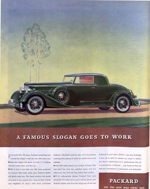 A Packard car ad from 1934. A drawing of a tree is behind the vehicle.