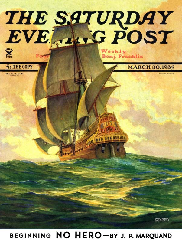 An Anton Otto Fischer cover for The Saturday Evening Post, depicting a Spanish galleon ship at sea during sunset.