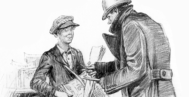 Man giving note to newsboy