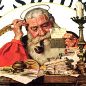 Santa Claus at his desk with a stack of children's letters.