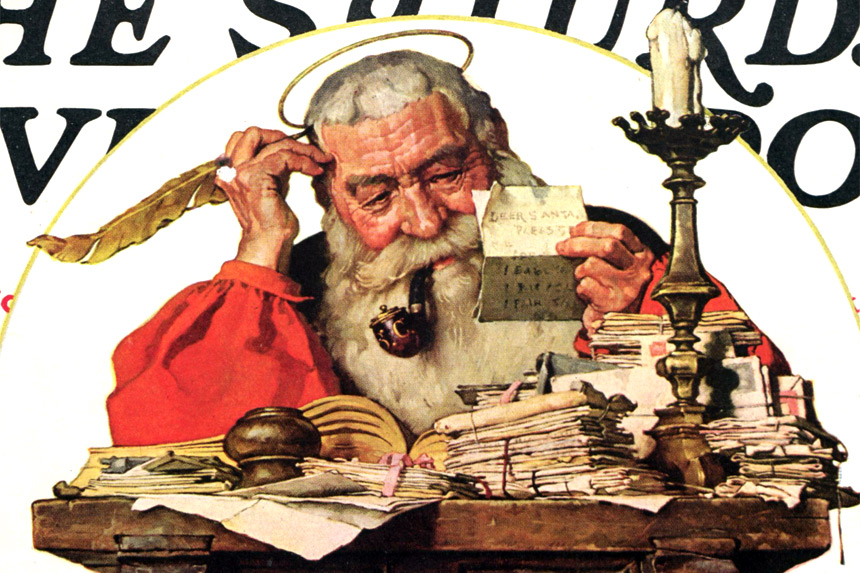 Santa Claus at his desk with a stack of children's letters.