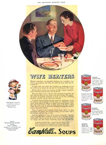 Woman bringing Campbell Soup to men at table