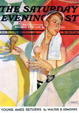 Boy w/ ice cream cones among beach umbrellas