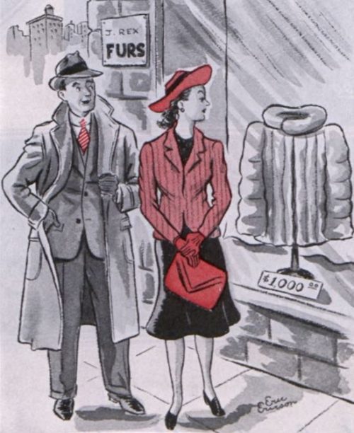 Man and woman looking at a fur coat, marked at $1000, through a store window