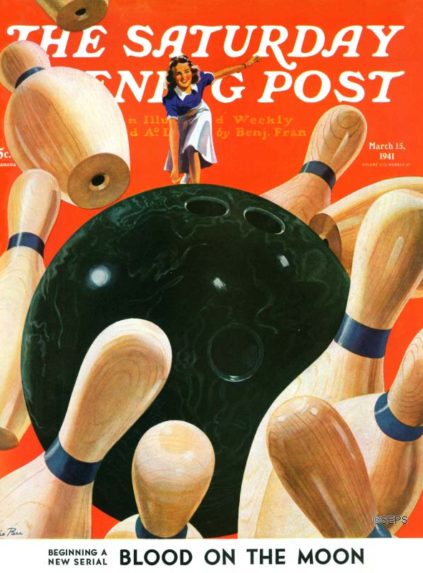 Saturday Evening Post cover of a woman bowling a strike