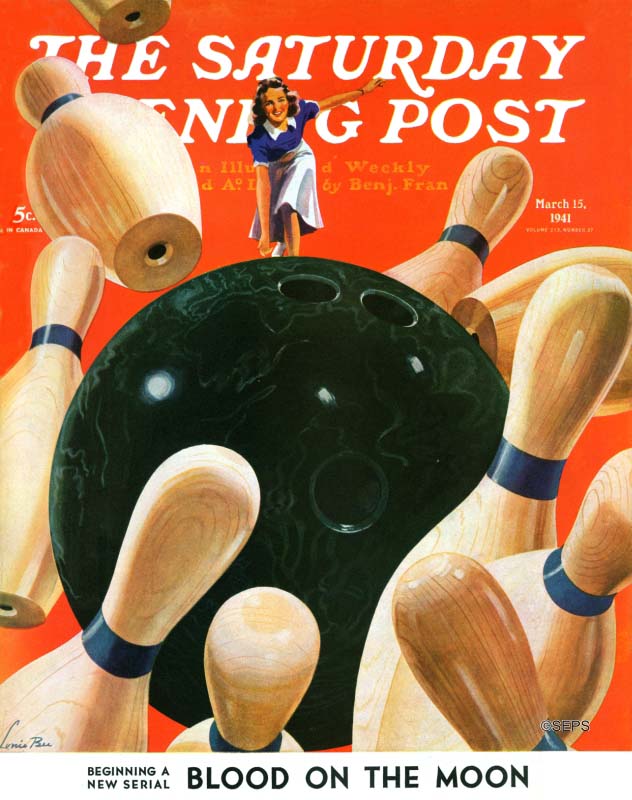 Saturday Evening Post cover of a woman bowling a strike