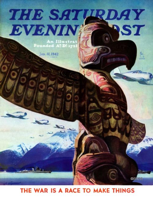 A Northwester American Indian totem pole, with an airplane formation behind it.