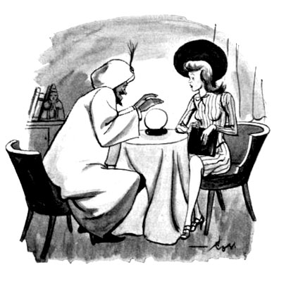 A woman having her future told by a man in stereotypical Middle-eastern dress