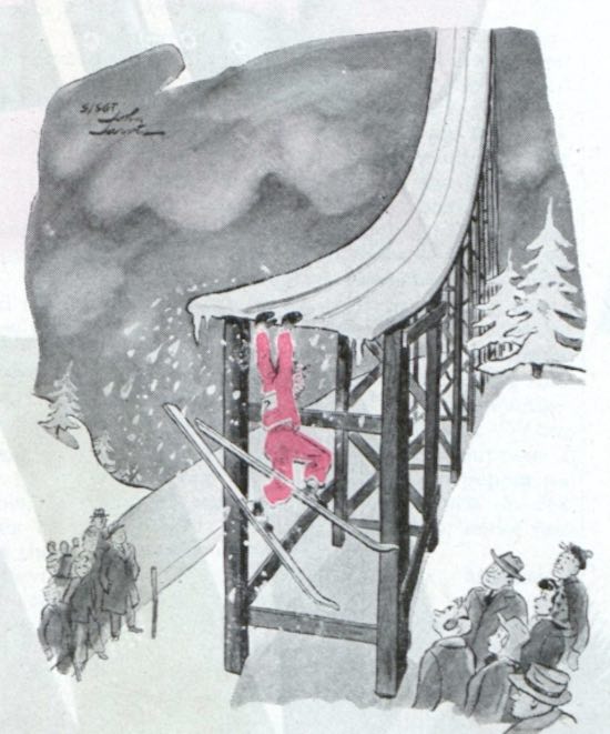 A crowd watch a man tumble off a ski jump
