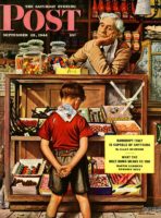 Boy deciding on penny candy, bored clerk watches