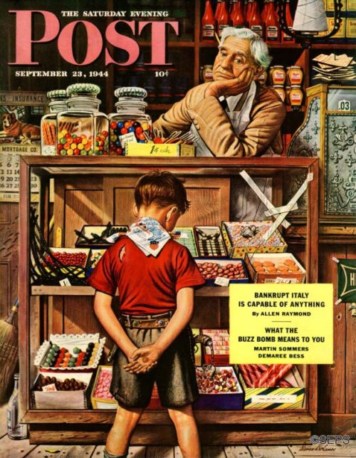Boy deciding on penny candy, bored clerk watches
