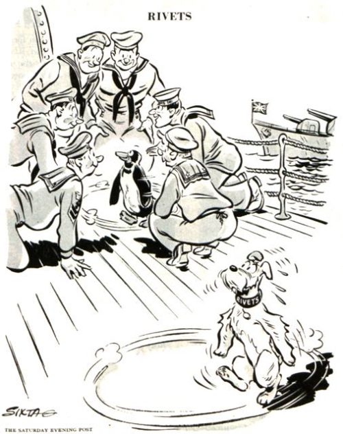Sailors admiring a penguin on deck. A jealous dog attempts to act like a penguin.