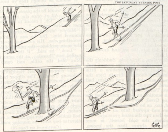 A skier dodges a tree while downhill