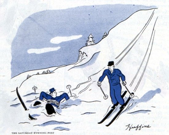 A skier passes by his instructor on a slope