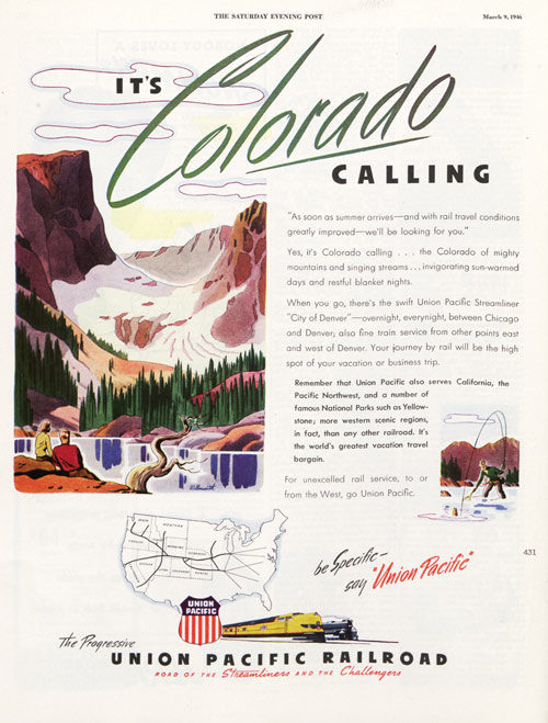 Advertisement for the Union Pacific Railroad, highlighting the sights of Colorado