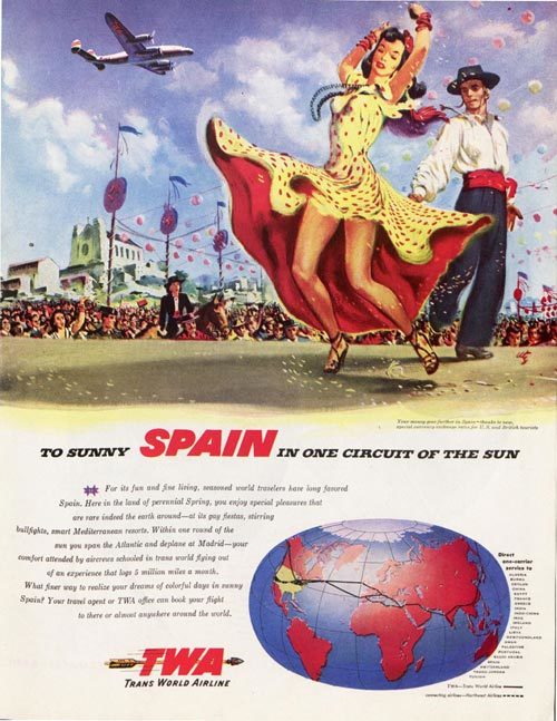 Airline advertisement, featuring Spanish flamingo dancers