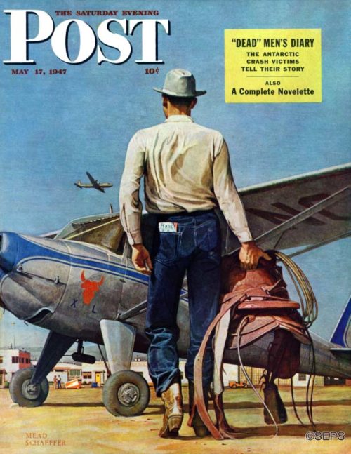 A cowboy with saddle standing in front of a grounded aircraft