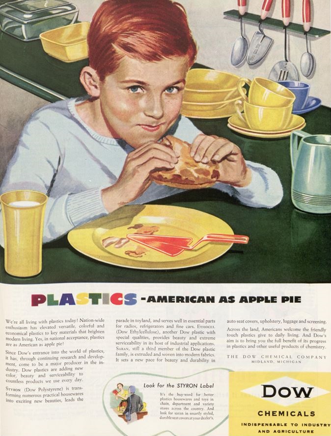 Magazine ad for Dow Chemicals from 1950. Features a child eating a slice of pizza off a yellow plastic plate. This advertises Dow's role in developing plastic household products, as well as its colorization methods.