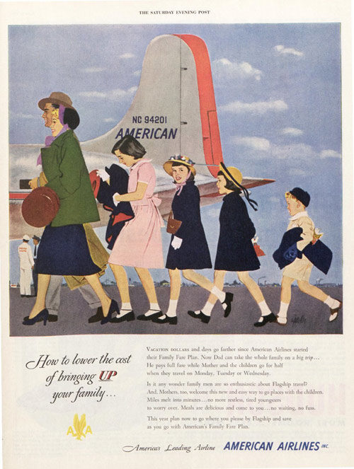 American Airlines magazine ad featuring a family boarding an airplane