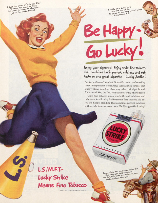 Cheerleader in mid-cheer, in an ad for Lucky Strike cigarettes
