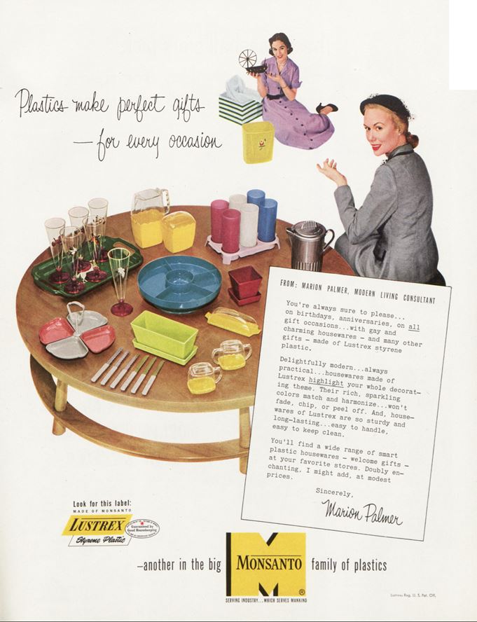 Monsanto lifestyle ad from 1952, featuring a dinner table full of plastic dishes and silverware. The ad copy includes the tagline "Plastics make perfect gifts — for every occasion!"