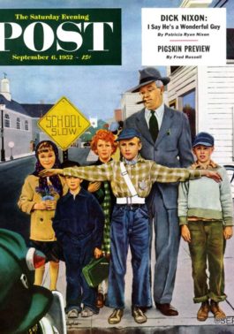 Saturday Evening Post cover depicting a young traffic monitor preventing other school children and a grown-ass man crossing the street.