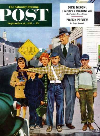 Saturday Evening Post cover depicting a young traffic monitor preventing other school children and a grown-ass man crossing the street.