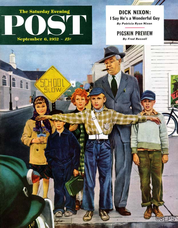 Saturday Evening Post cover depicting a young traffic monitor preventing other school children and a grown-ass man crossing the street.